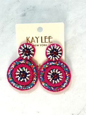 NWT Kay Lee New York Boho Beaded Double Circle Drop Statement Earrings